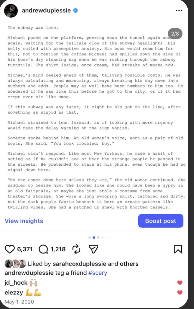 An Instagram story post by Andrew Duplessie with 6,371 likes and 1,218 comments