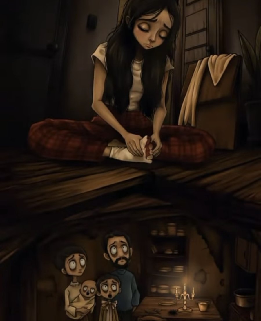 Fan art: Juliet bandaging her toe above the Littles' home